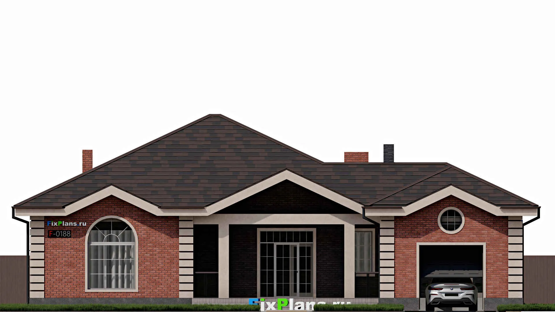 F-0188 - План одноэтажного дома 19 на 19, площадью 210 м² с террасой, гаражом на 1 машину и 2 спальнями