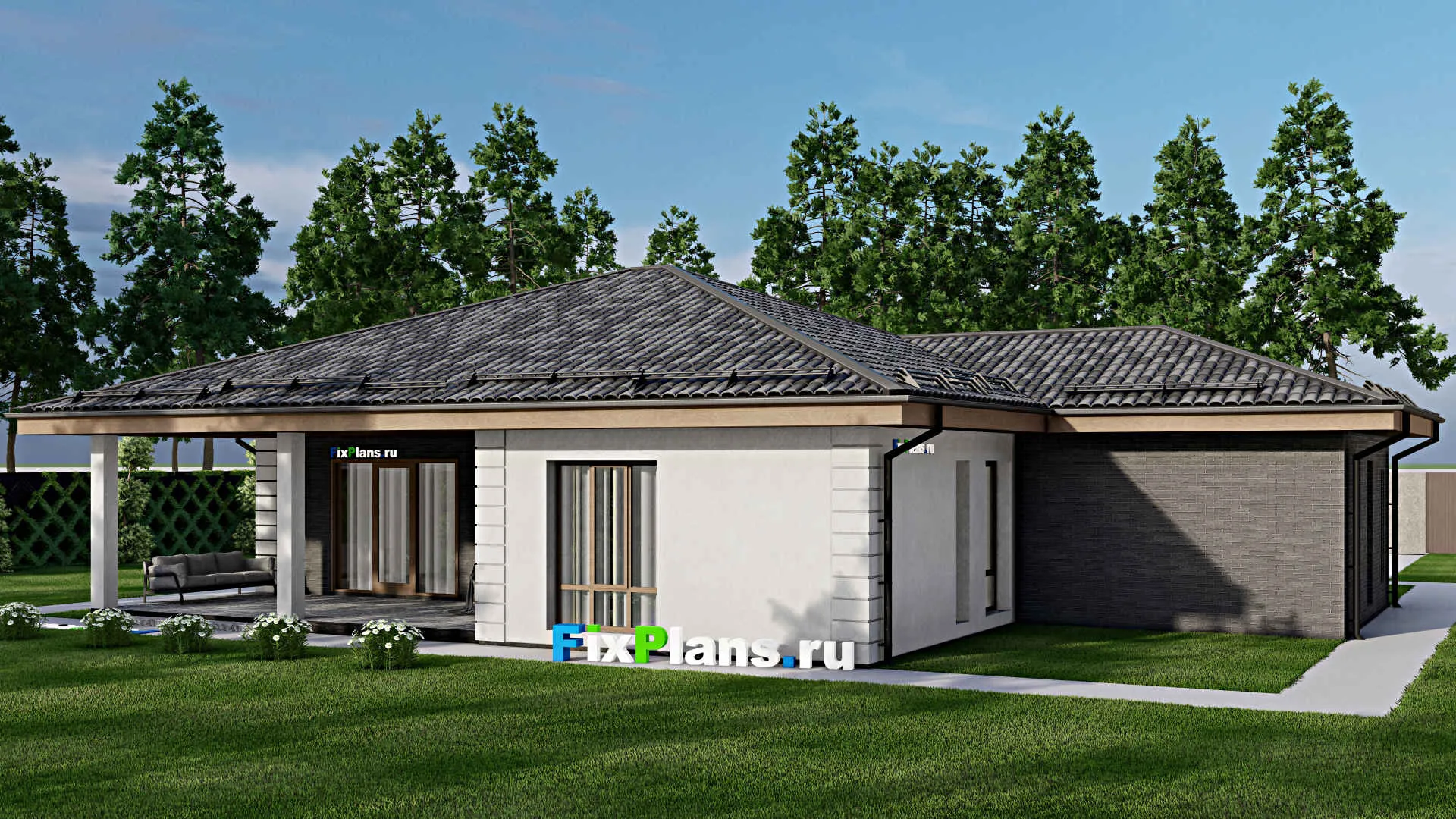 F-7793 - План одноэтажного дома 14 на 20, площадью 190 м² с террасой, гаражом на 1 машину и 3 спальнями