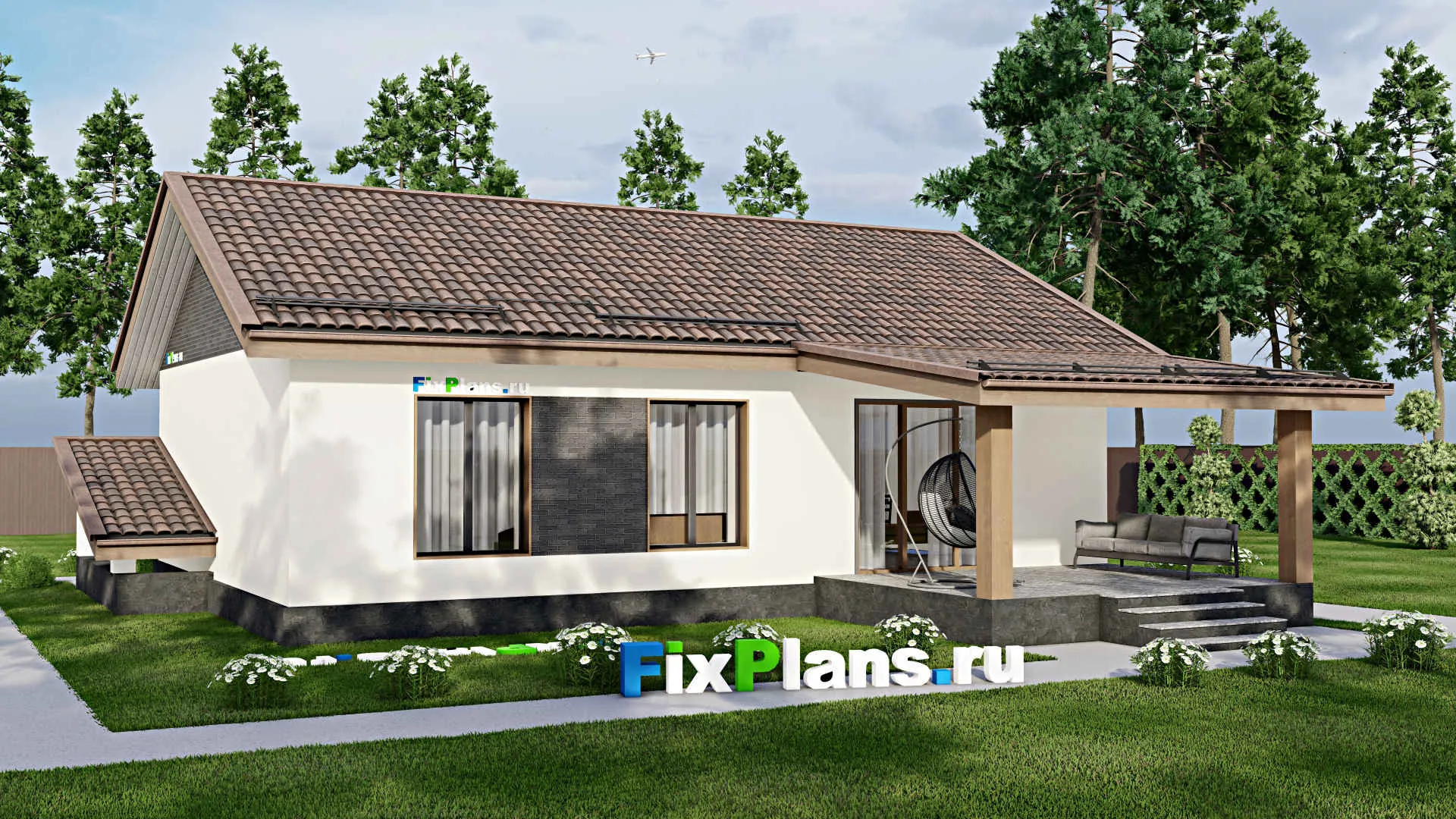 F-4103 - Проект одноэтажного дома 10 на 13, площадью 160 м² с террасой, цокольным этажом и 3 спальнями