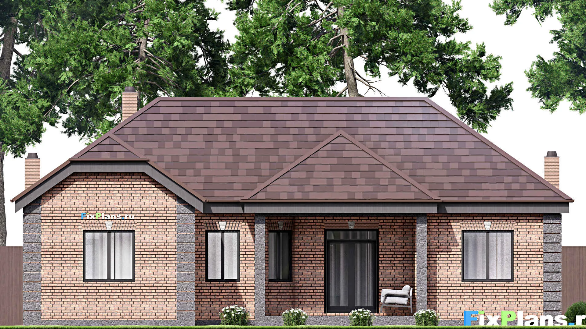 F-16802 - Проект одноэтажного дома 16 на 22, площадью 190 м² с террасой, гаражом на 2 машины и 3 спальнями