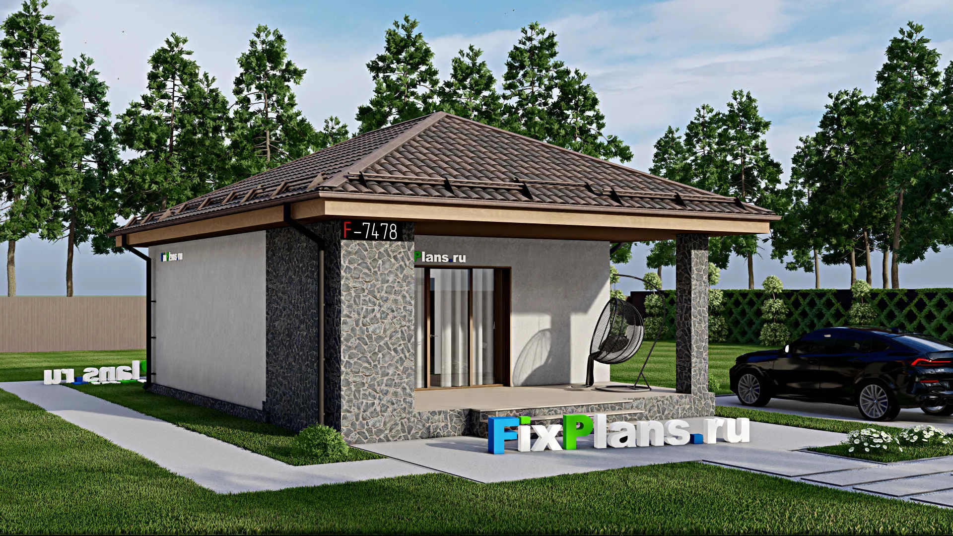 F-7478 - Проект бани 8 на 11, площадью 60 м² с терассой, санузлом и спальней