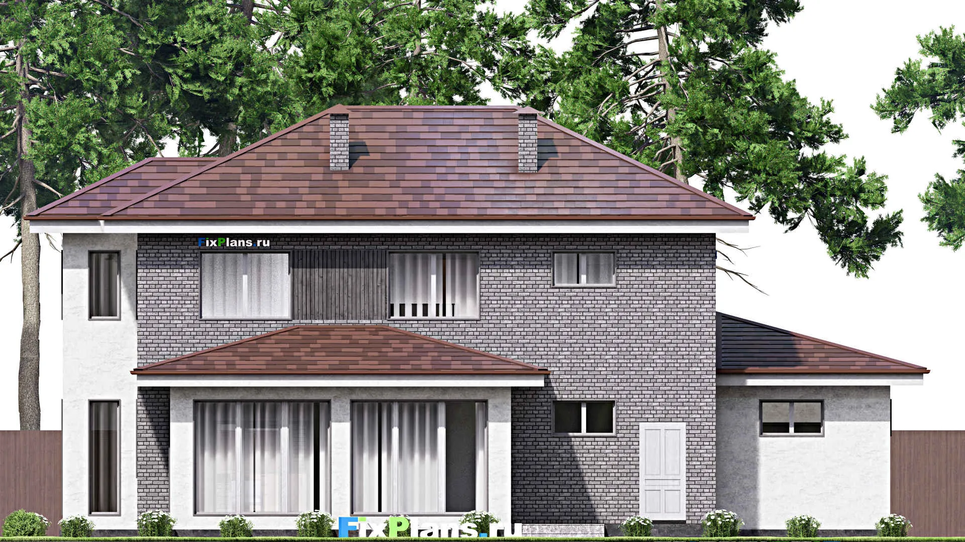 F-15191 - Планы двухэтажного дома 16 на 18, площадью 270 м² с террасой, гаражом на 2 машины и 4 спальнями