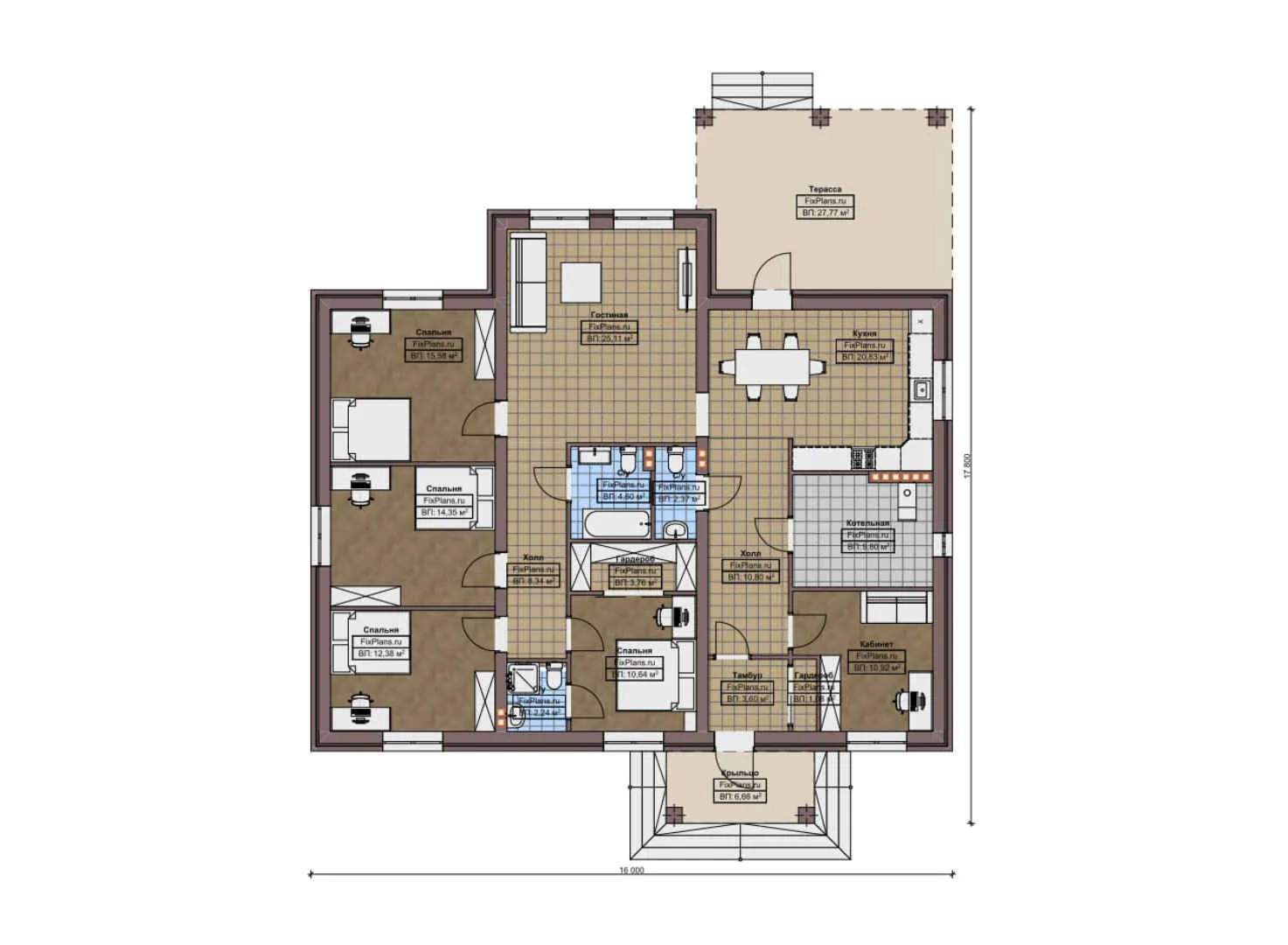 F-9971 - План одноэтажного дома 16 на 18, площадью 200 м² с террасой и 4 спальнями