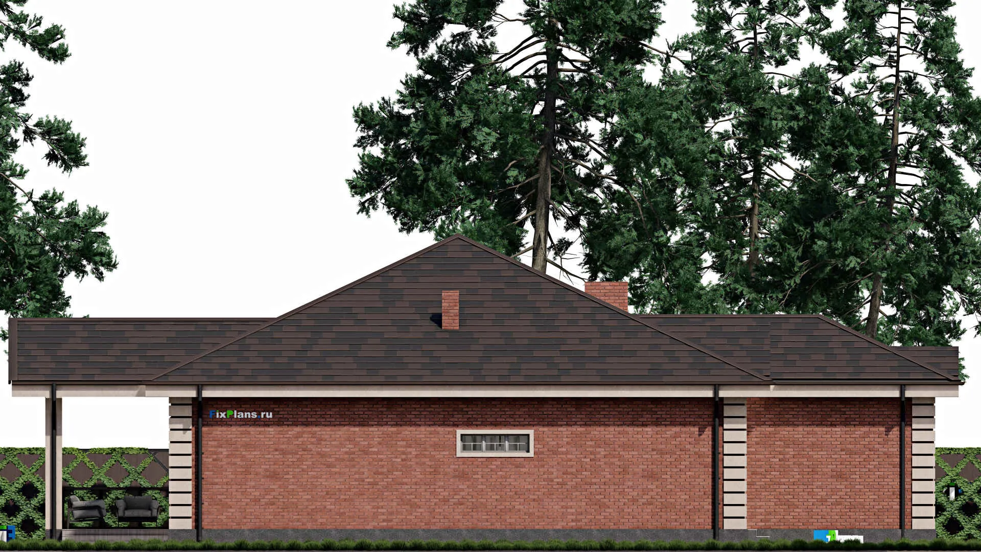 F-0188 - План одноэтажного дома 19 на 19, площадью 210 м² с террасой, гаражом на 1 машину и 2 спальнями