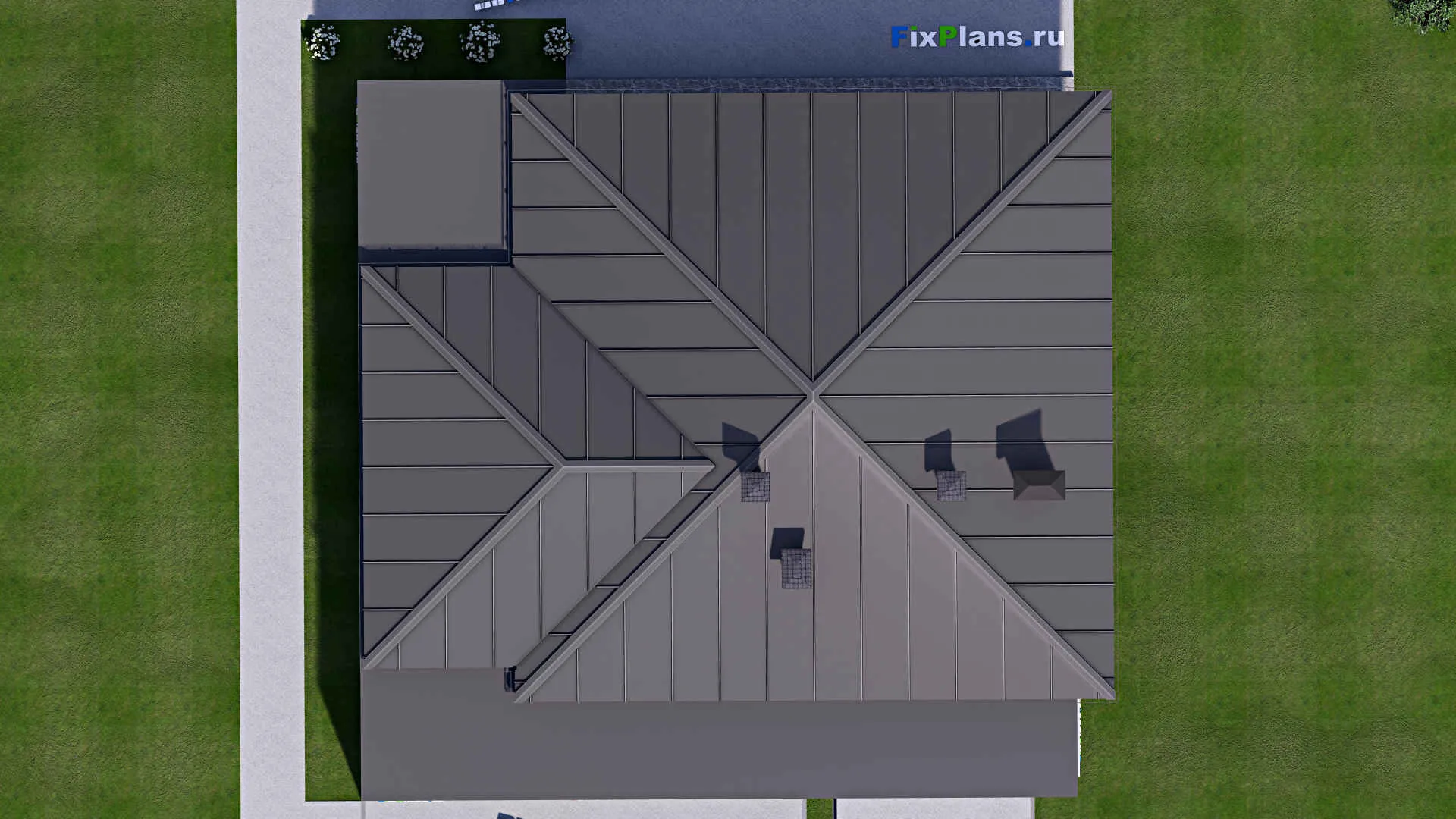 F-15938 - Проект одноэтажного дома 17 на 17, площадью 240 м² с террасой, гаражом на 2 машины и 3 спальнями