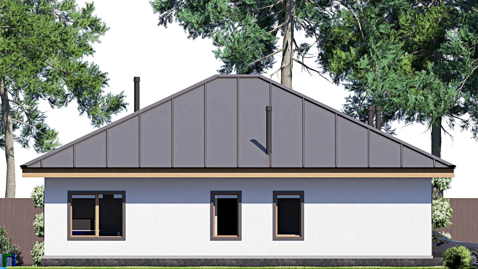 F-19484 - Проект одноэтажного дома 14 на 15, площадью 140 м² с террасой и 3 спальнями