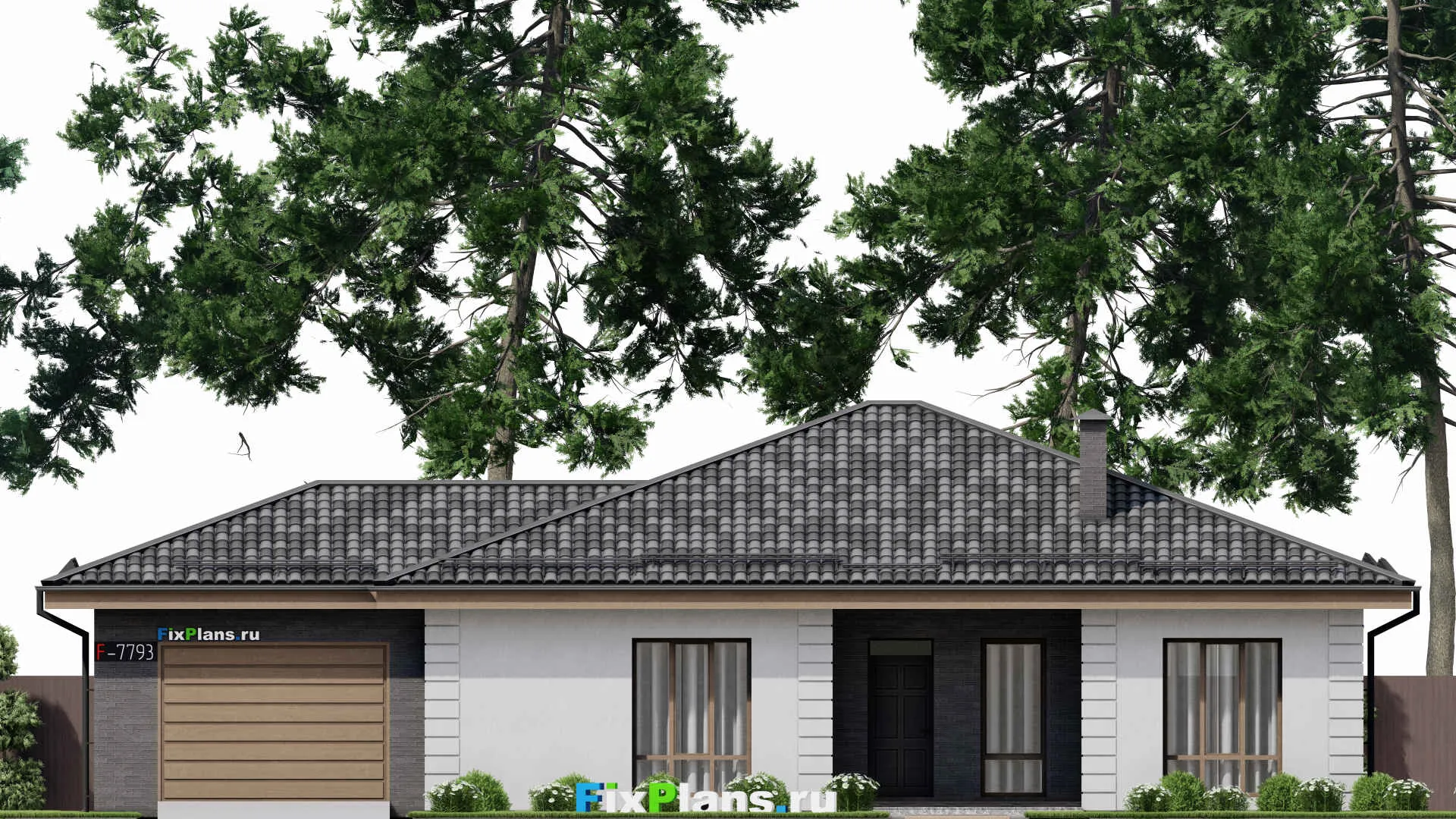 F-7793 - План одноэтажного дома 14 на 20, площадью 190 м² с террасой, гаражом на 1 машину и 3 спальнями