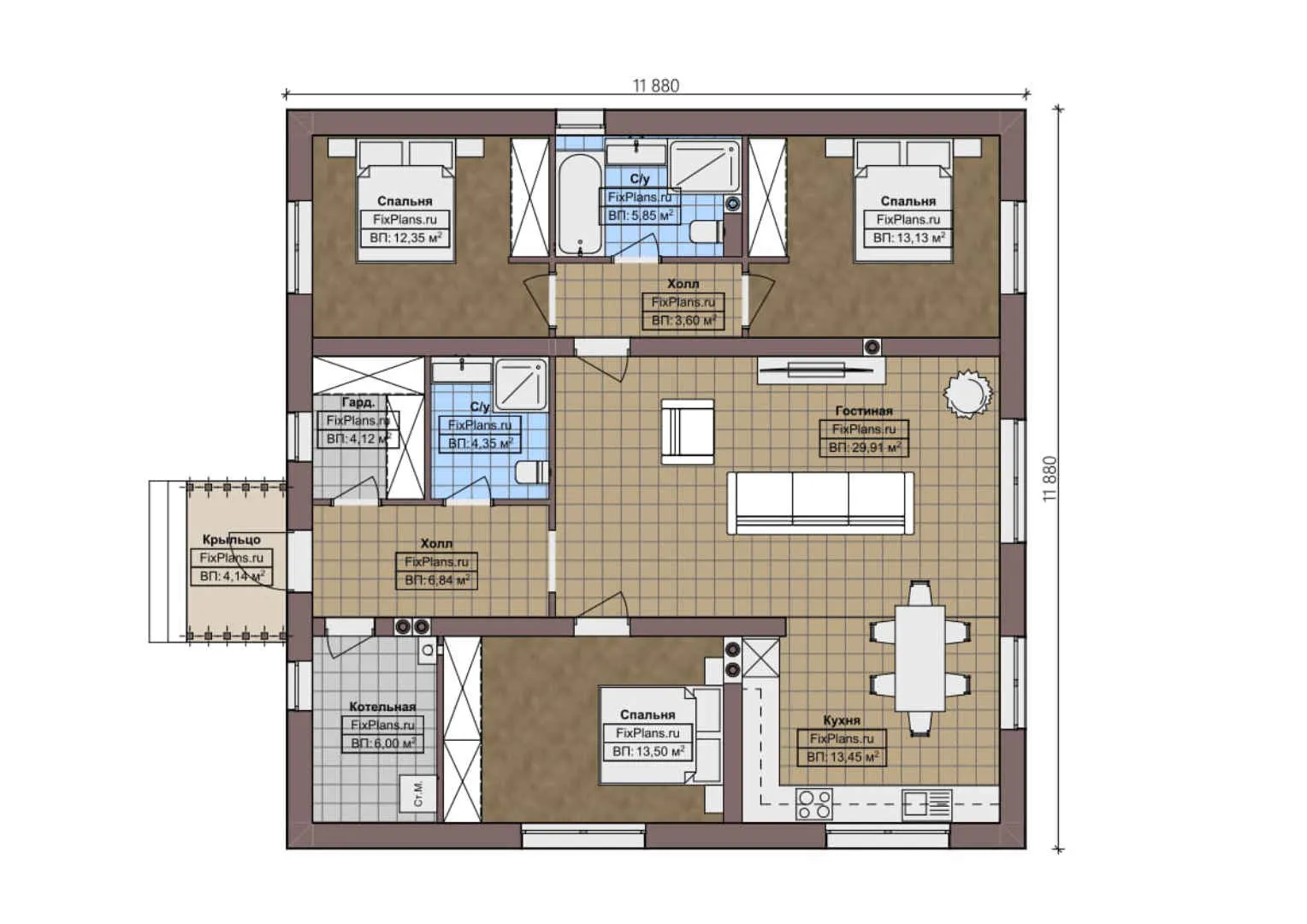 F-1367 - План одноэтажного дома 12 на 12, площадью 120 м² с 3 спальнями