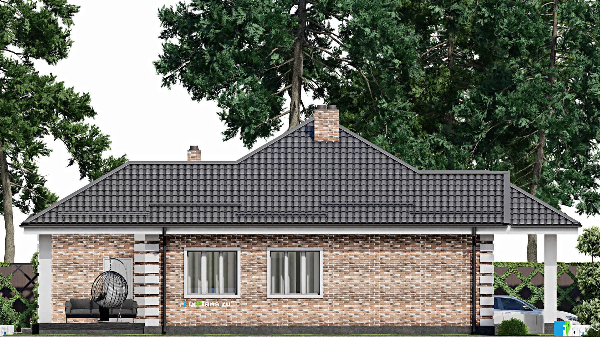 F-2951 - Проект одноэтажного дома 15 на 15, площадью 150 м² с террасой, гаражом на 1 машину и 3 спальнями