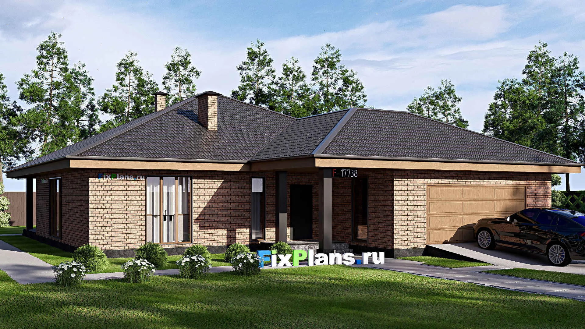 F-17738 - Проект одноэтажного дома 17 на 20, площадью 210 м² с террасой, гаражом на 2 машины и 3 спальнями