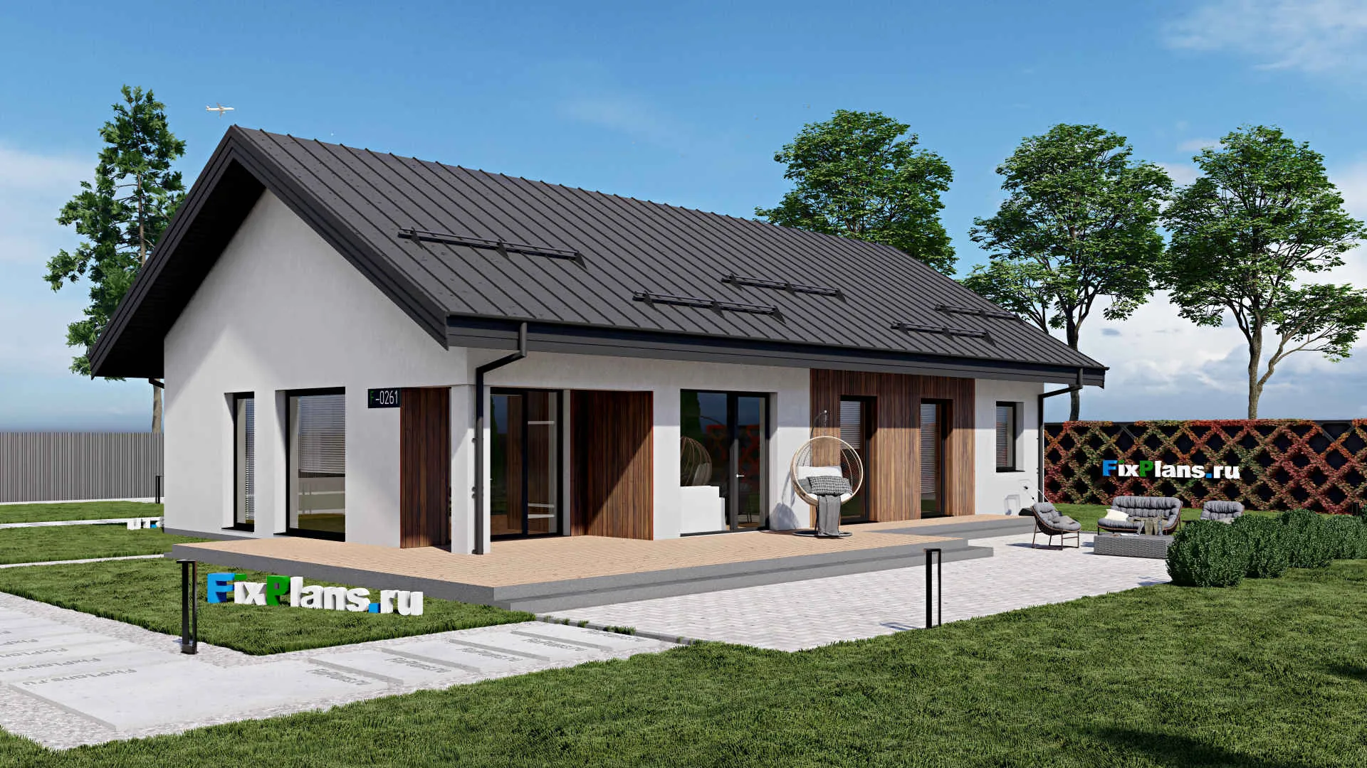 F-0161 - Проект одноэтажного дома 11 на 17, площадью 190 м² с террасой и 3 спальнями