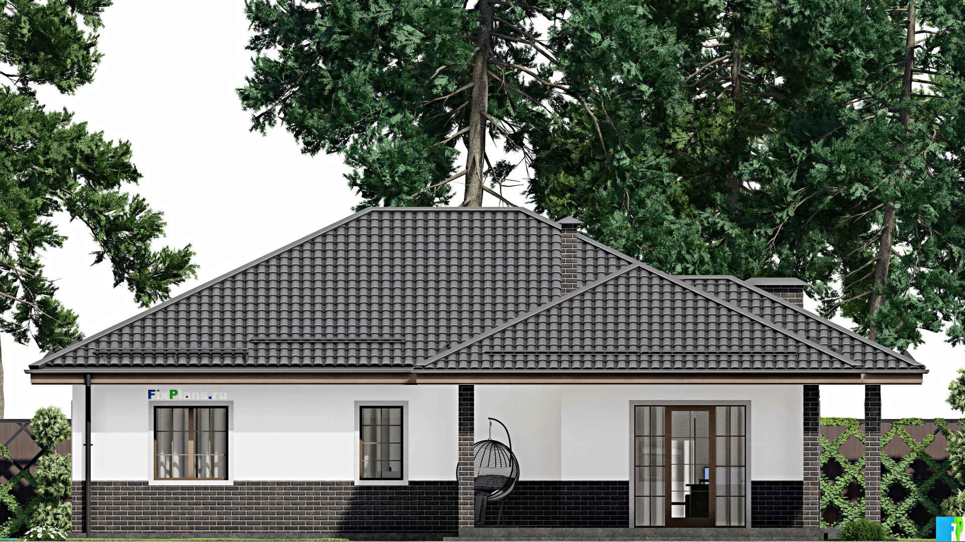 F-4607 - Проект одноэтажного дома 15 на 15, площадью 190 м² с террасой и 4 спальнями