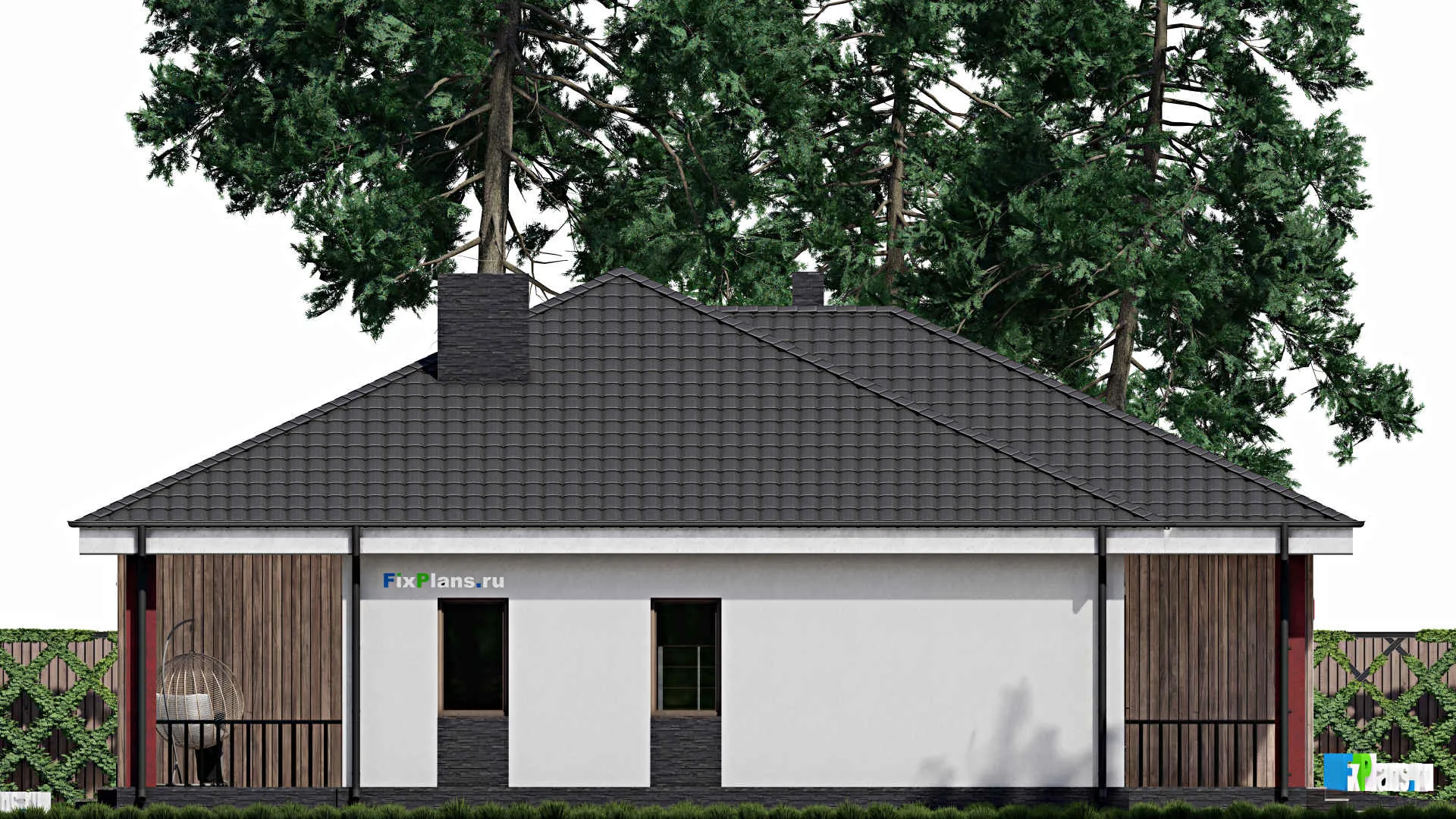 F-0296 - План одноэтажного дома 16 на 19, площадью 220 м² с террасой, гаражом на 2 машины и 2 спальнями