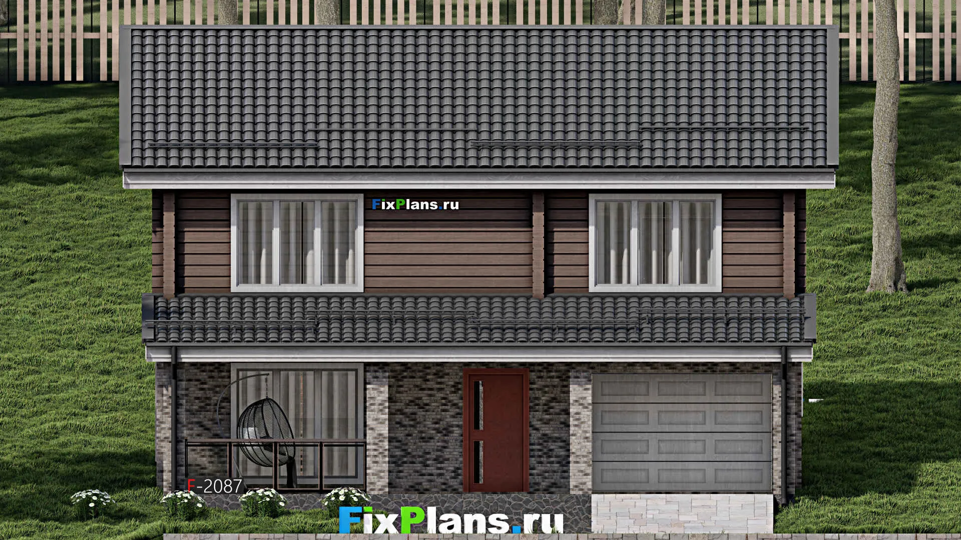 F-2087 - Планы двухэтажного дома 10 на 12, площадью 240 м² с террасой, баней, гаражом на 1 машину и 4 спальнями