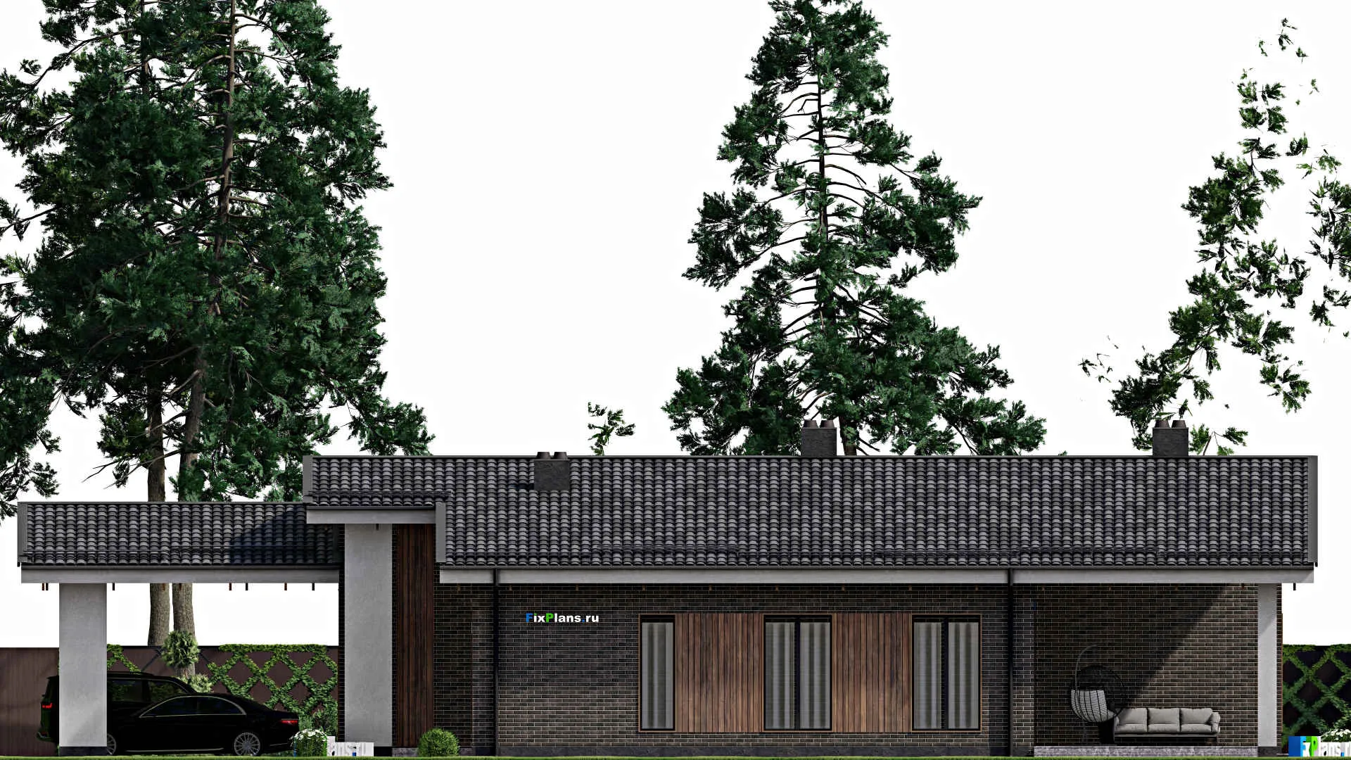 F-6236 - Проект одноэтажного дома 15 на 20, площадью 230 м² с террасой, баней и 2 спальнями