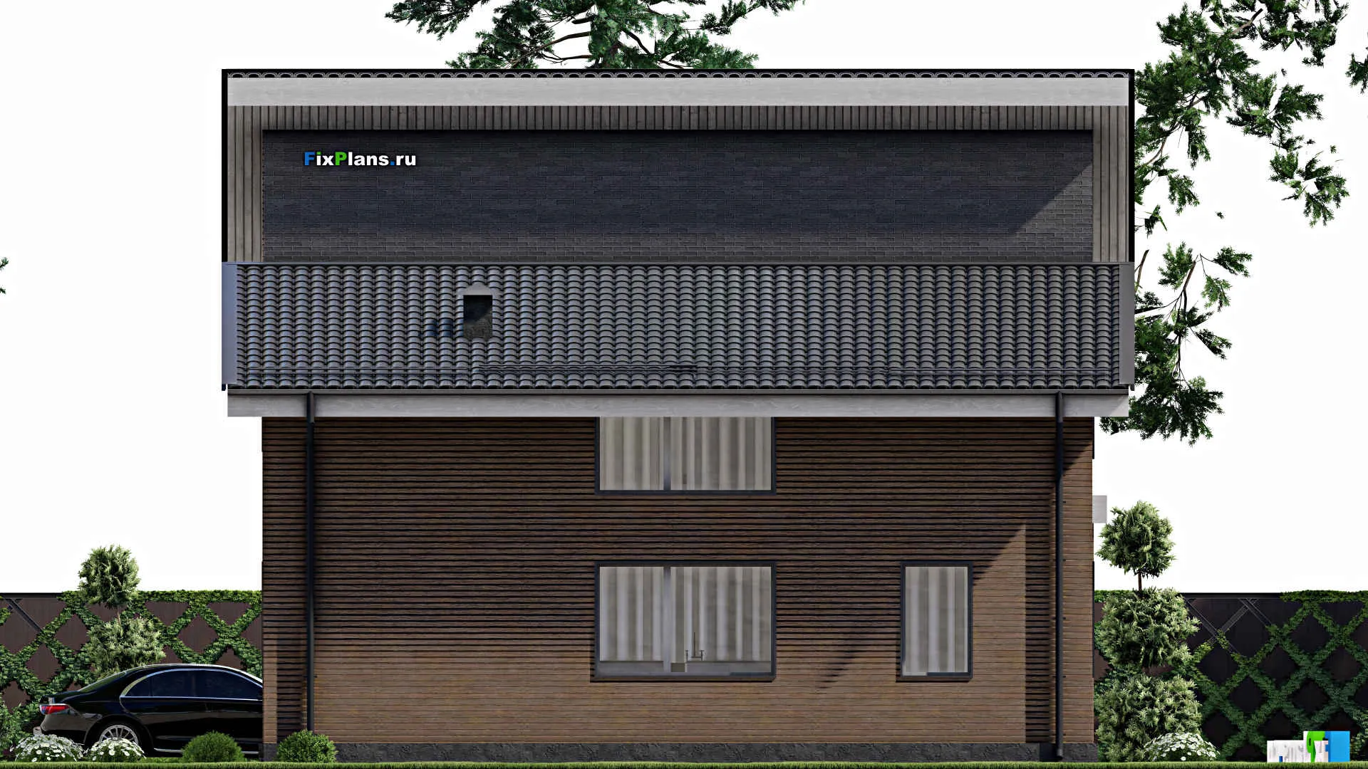 F-3734 - Проект дома с мансардой 12 на 15, площадью 200 м² с балконом, гаражом на 1 машину и 2 спальнями