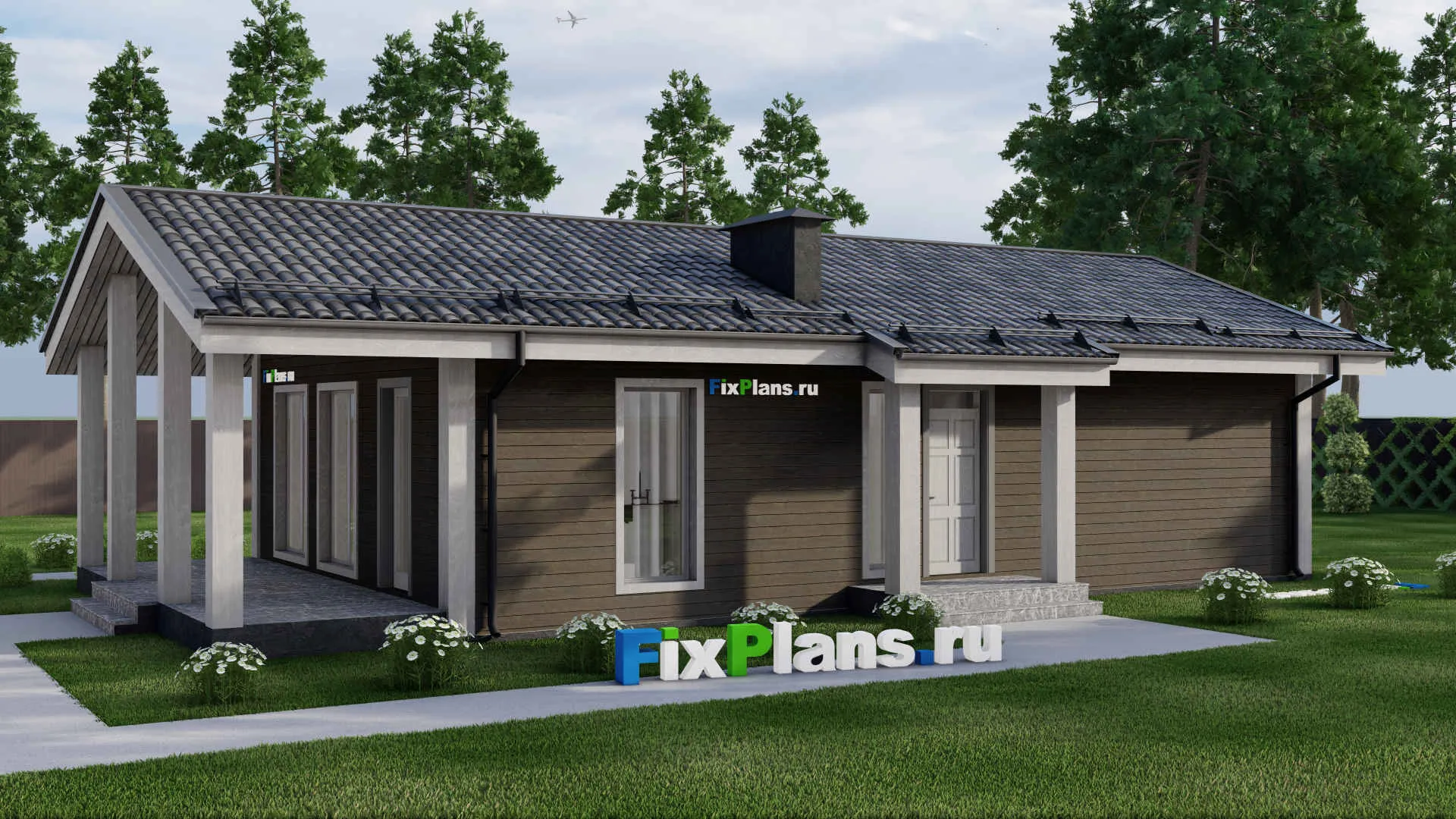 F-9098 - Проект одноэтажного дома 11 на 17, площадью 110 м² с террасой и 2 спальнями