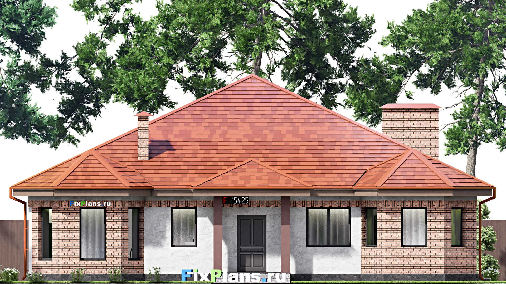 F-15425 - Проект одноэтажного дома 17 на 21, площадью 280 м² с террасой, баней, бассейном и 2 спальнями