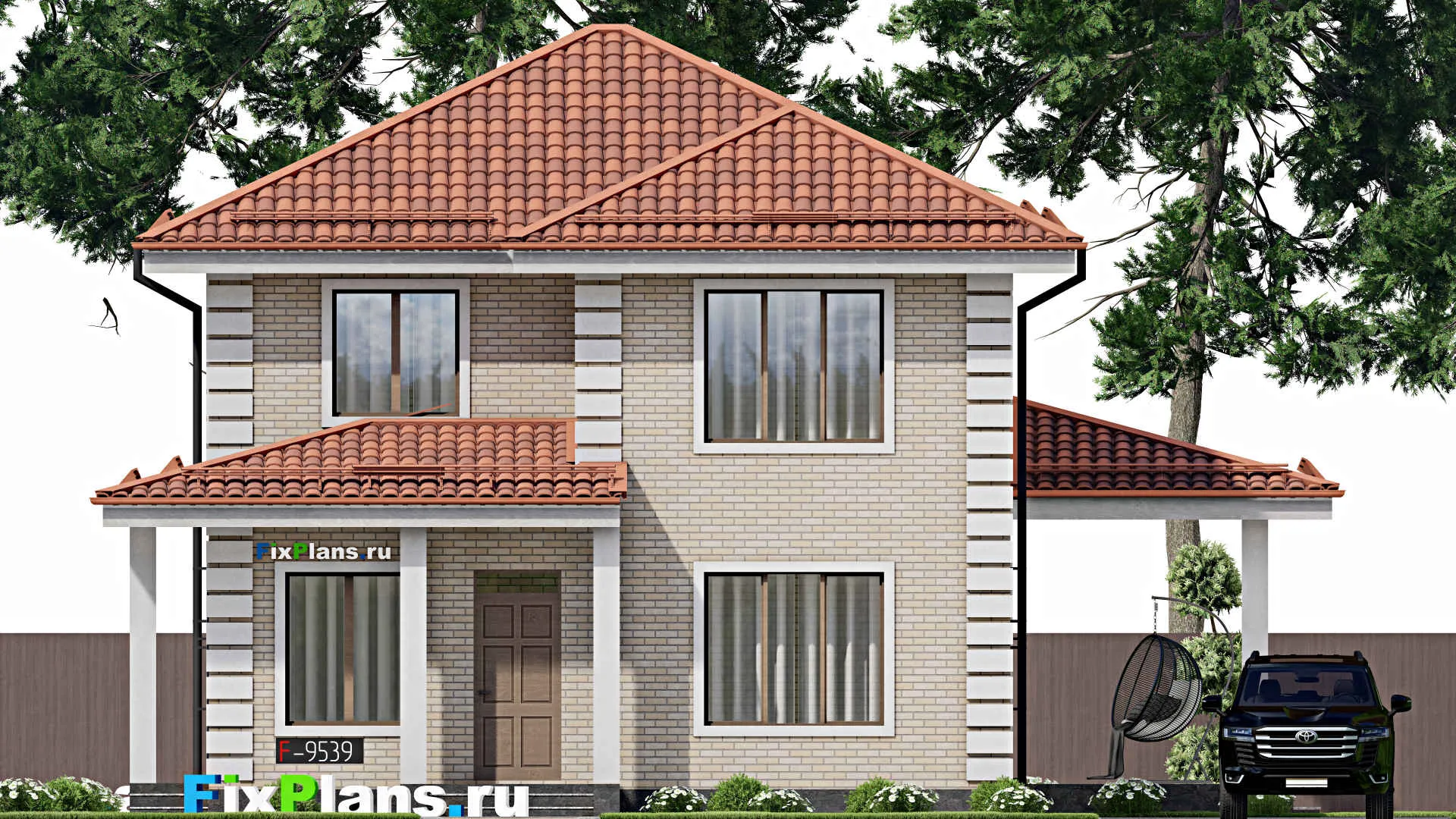 F-9539 - Планы двухэтажного дома 13 на 16, площадью 180 м² с террасой и 4 спальнями