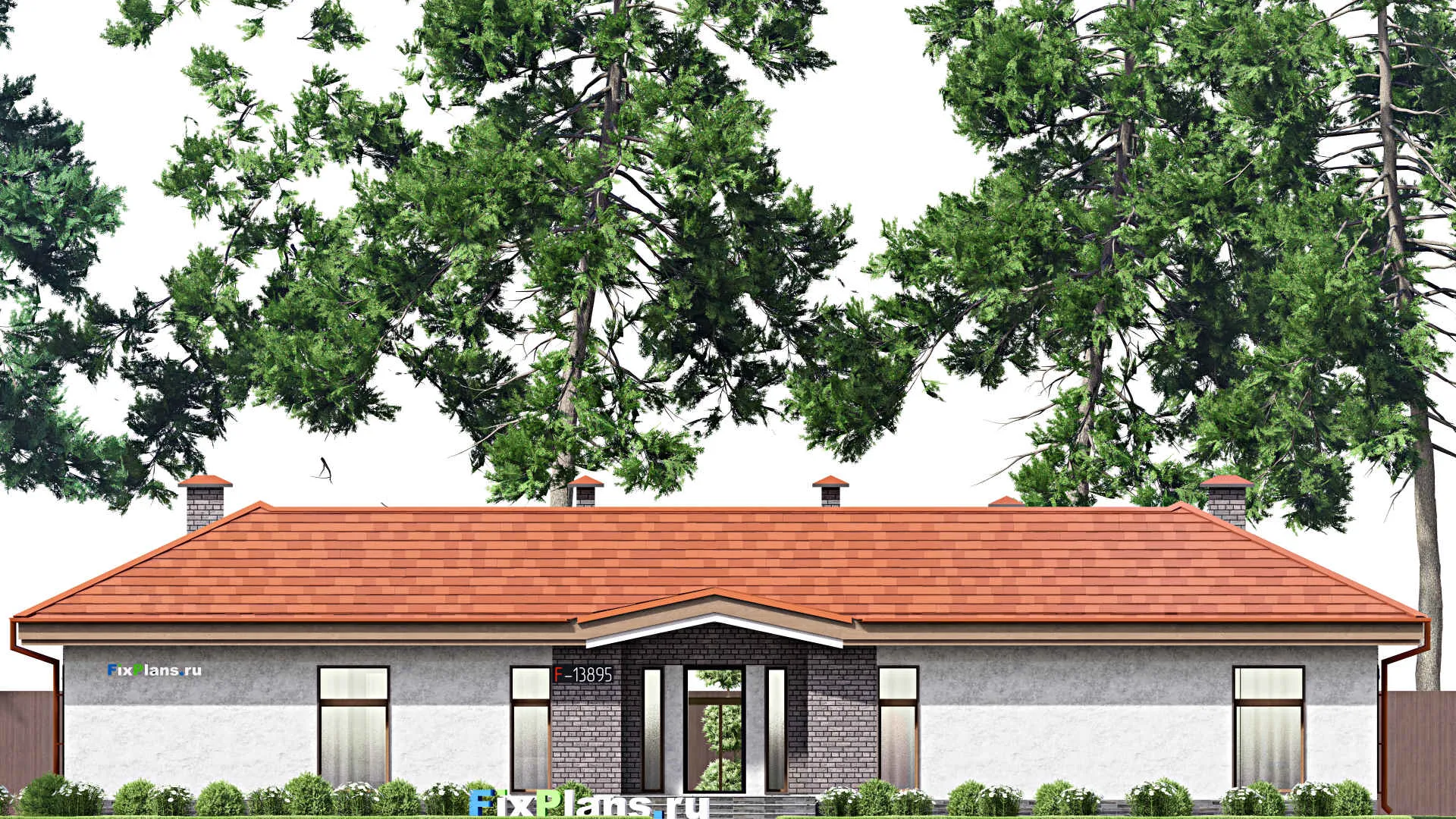 F-13895 - Проект одноэтажного дома 16 на 22, площадью 250 м² с террасой, баней и 3 спальнями