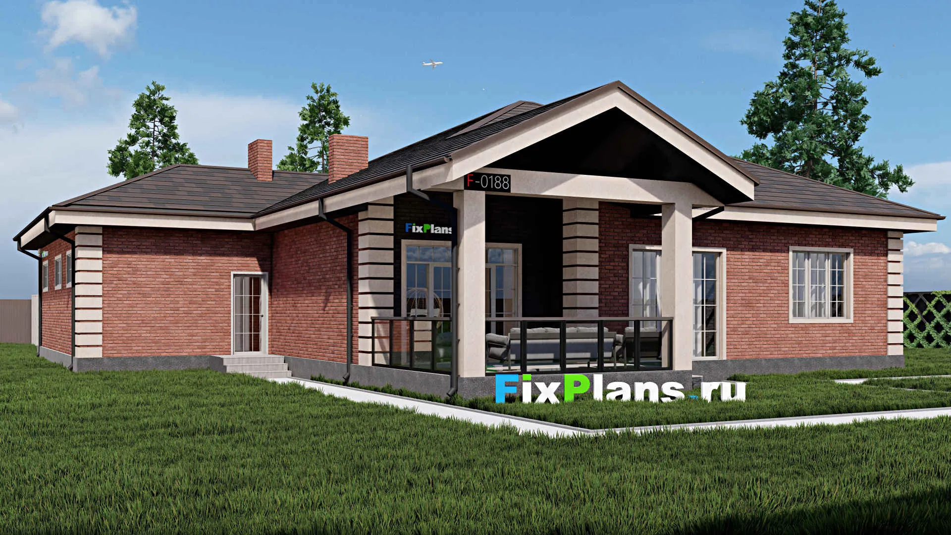 F-0188 - План одноэтажного дома 19 на 19, площадью 210 м² с террасой, гаражом на 1 машину и 2 спальнями