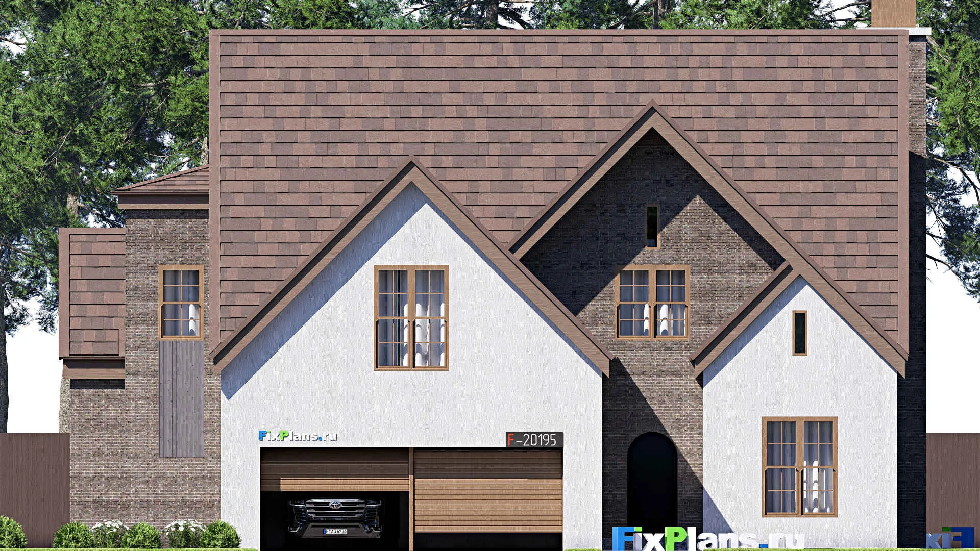 F-20195 - План одноэтажного дома 17 на 20, площадью 300 м² с террасой, гаражом на 2 машины и 4 спальнями