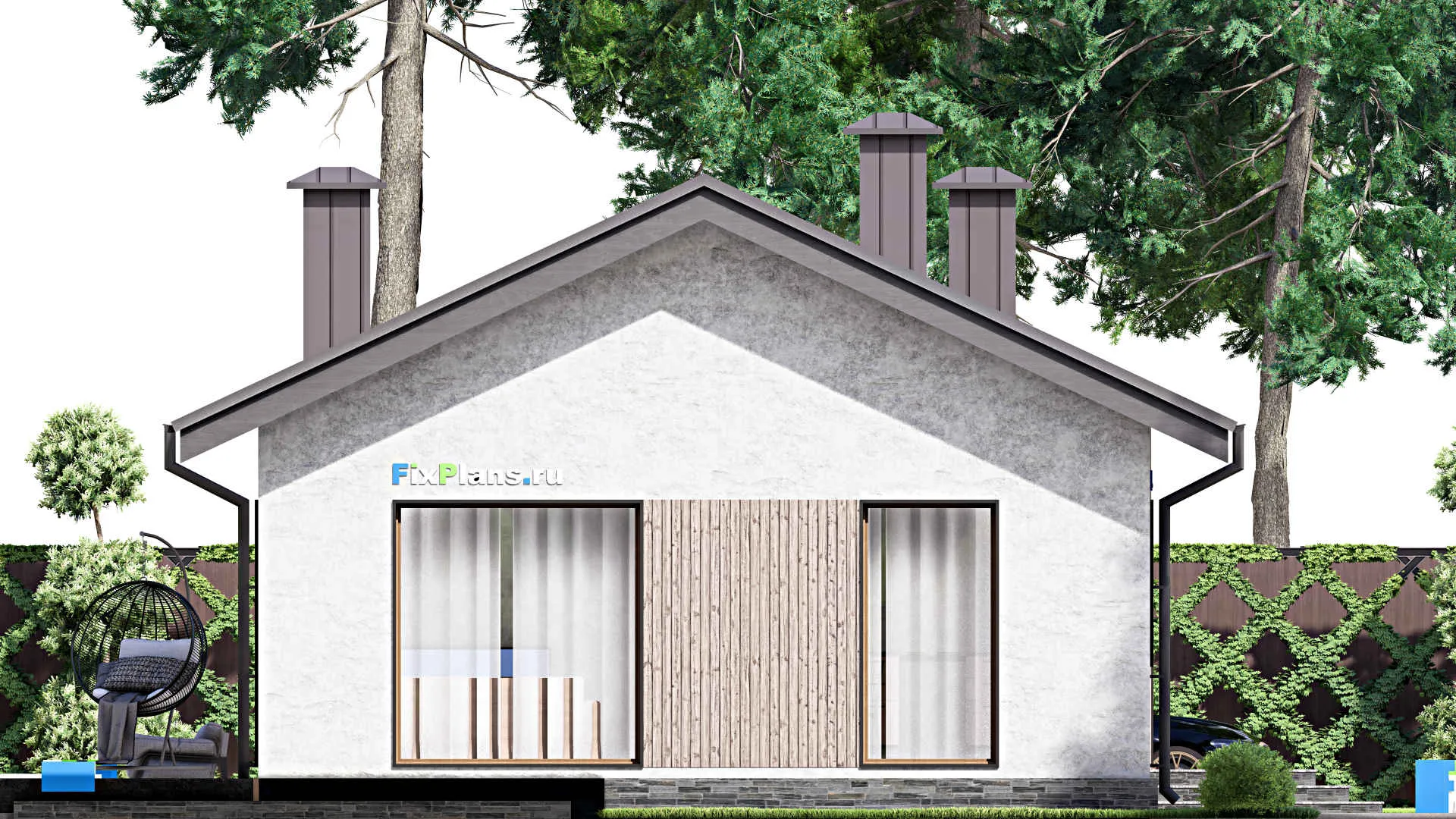 F-12599 - Проект одноэтажного дома 12 на 18, площадью 130 м² с террасой, баней и 3 спальнями