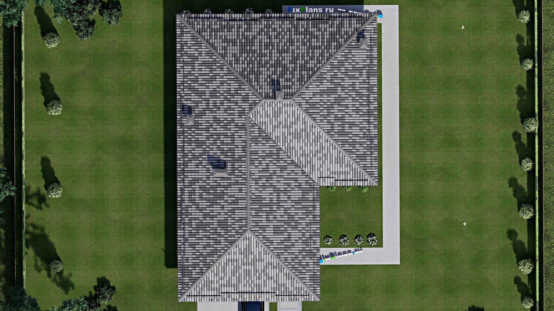 F-5849 - План одноэтажного дома 16 на 24, площадью 250 м² с террасой, гаражом на 2 машины и 3 спальнями
