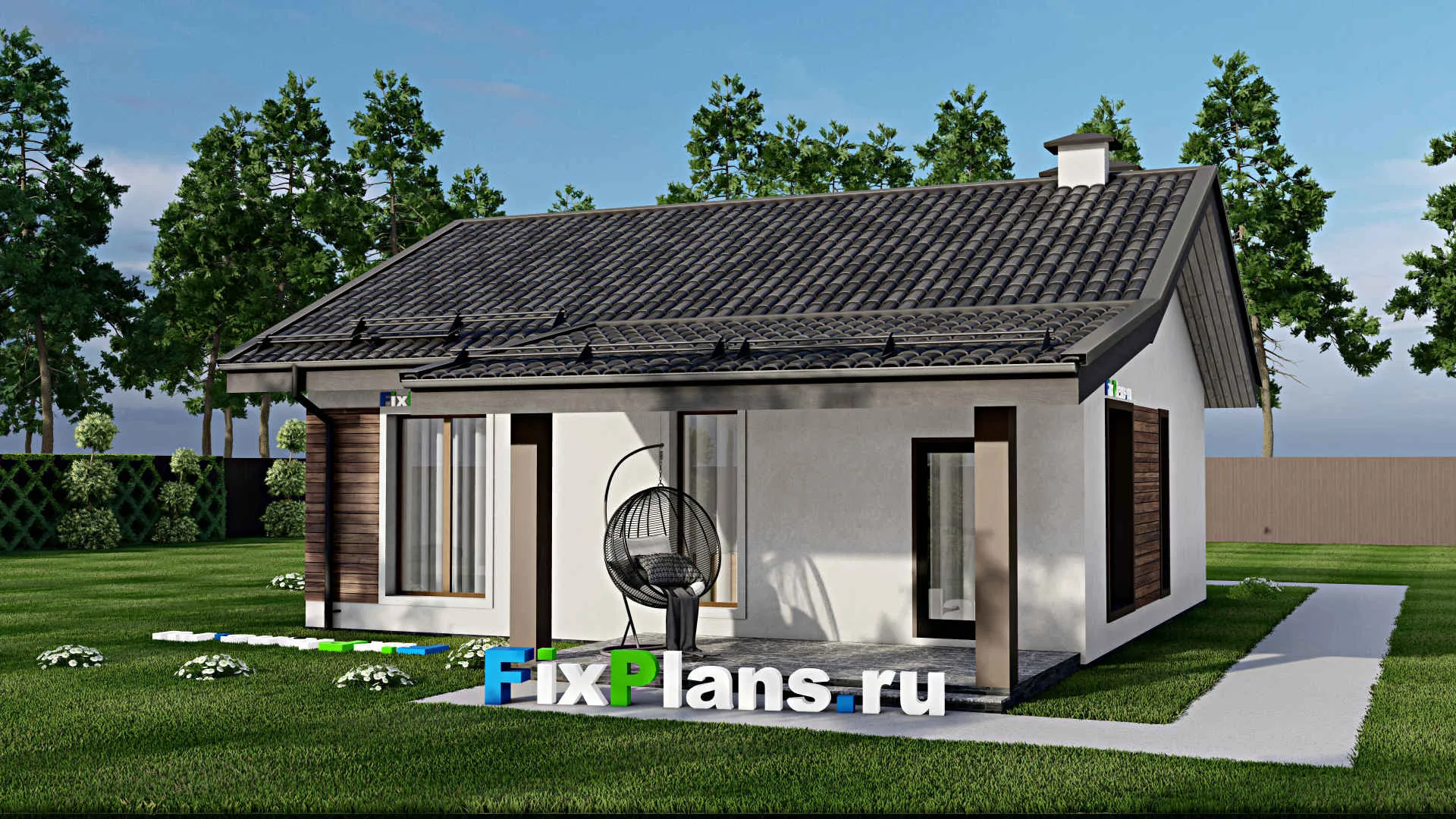 F-9764 - Проект одноэтажного дома 10 на 14, площадью 90 м² с террасой и 2 спальнями