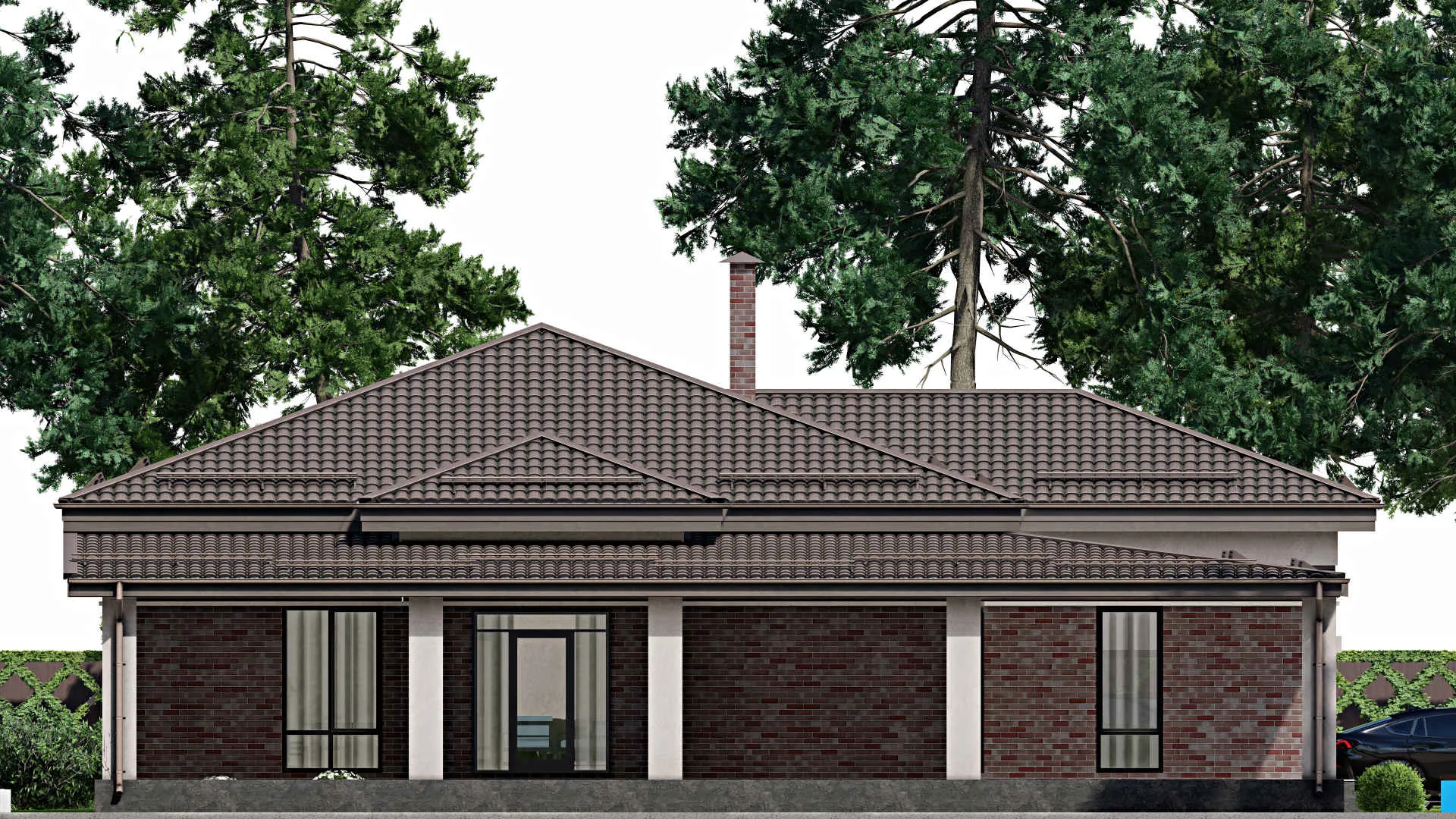 F-2465 - Проект одноэтажного дома 19 на 21, площадью 340 м² с террасой, гаражом на 2 машины и 3 спальнями