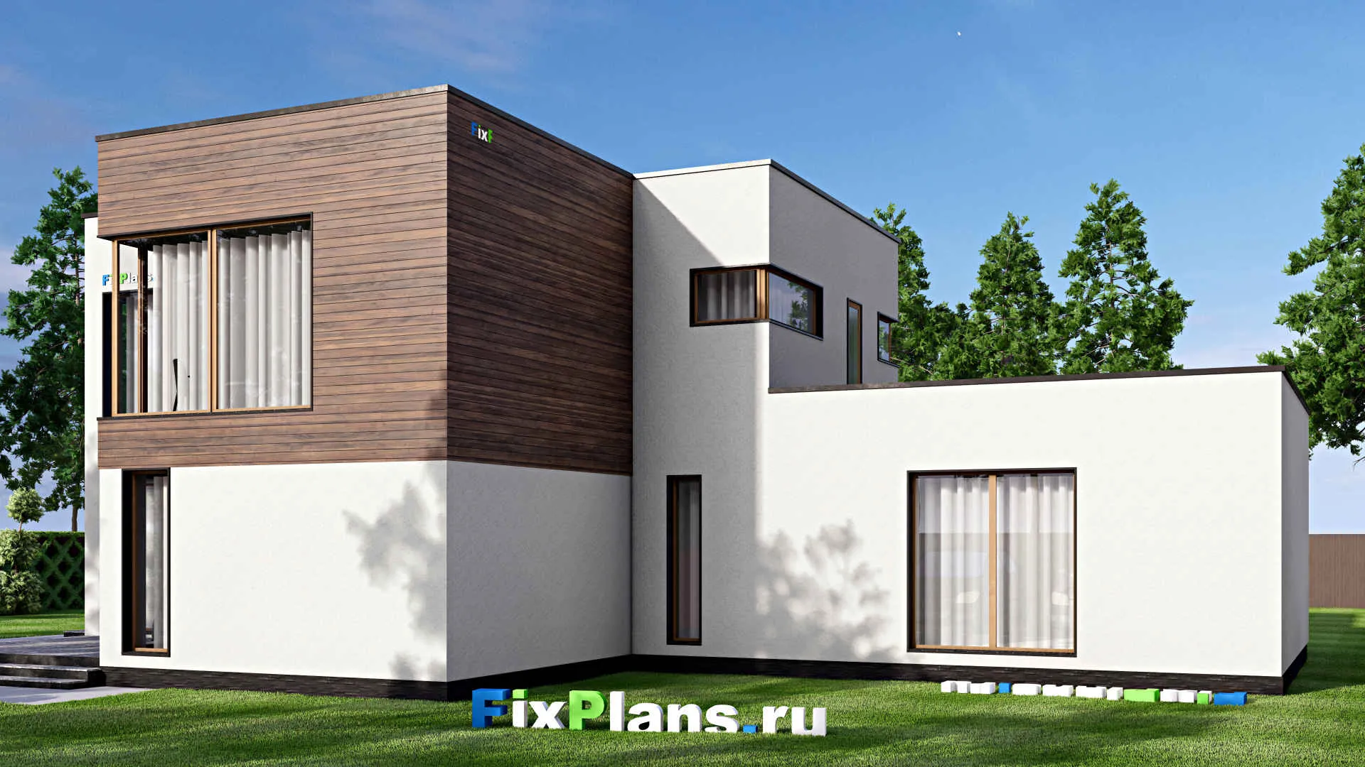 F-16019 - Проект двухэтажного дома 17 на 24, площадью 330 м² с террасой, гаражом на 2 машины и 4 спальнями