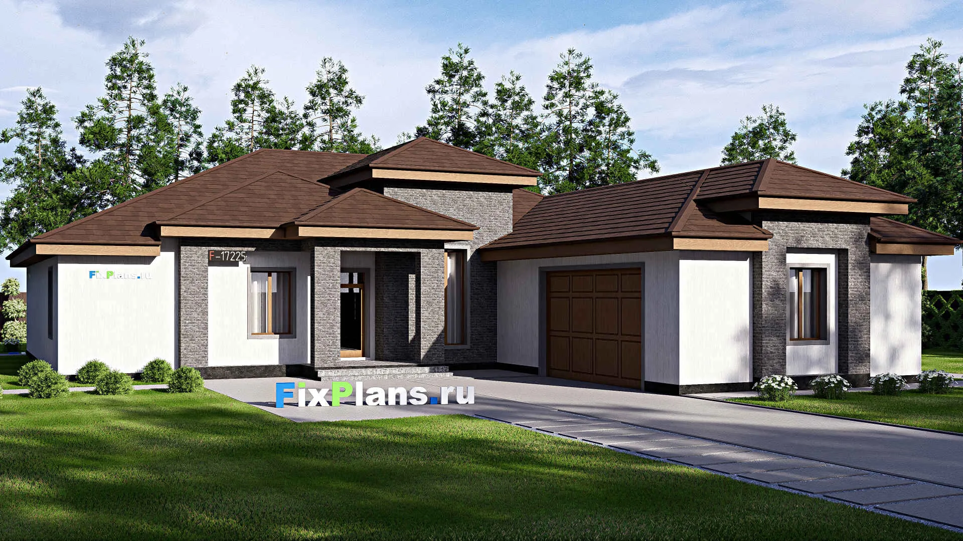 F-17225 - Проект одноэтажного дома 20 на 24, площадью 300 м² с террасой, гаражом на 2 машины и 4 спальнями