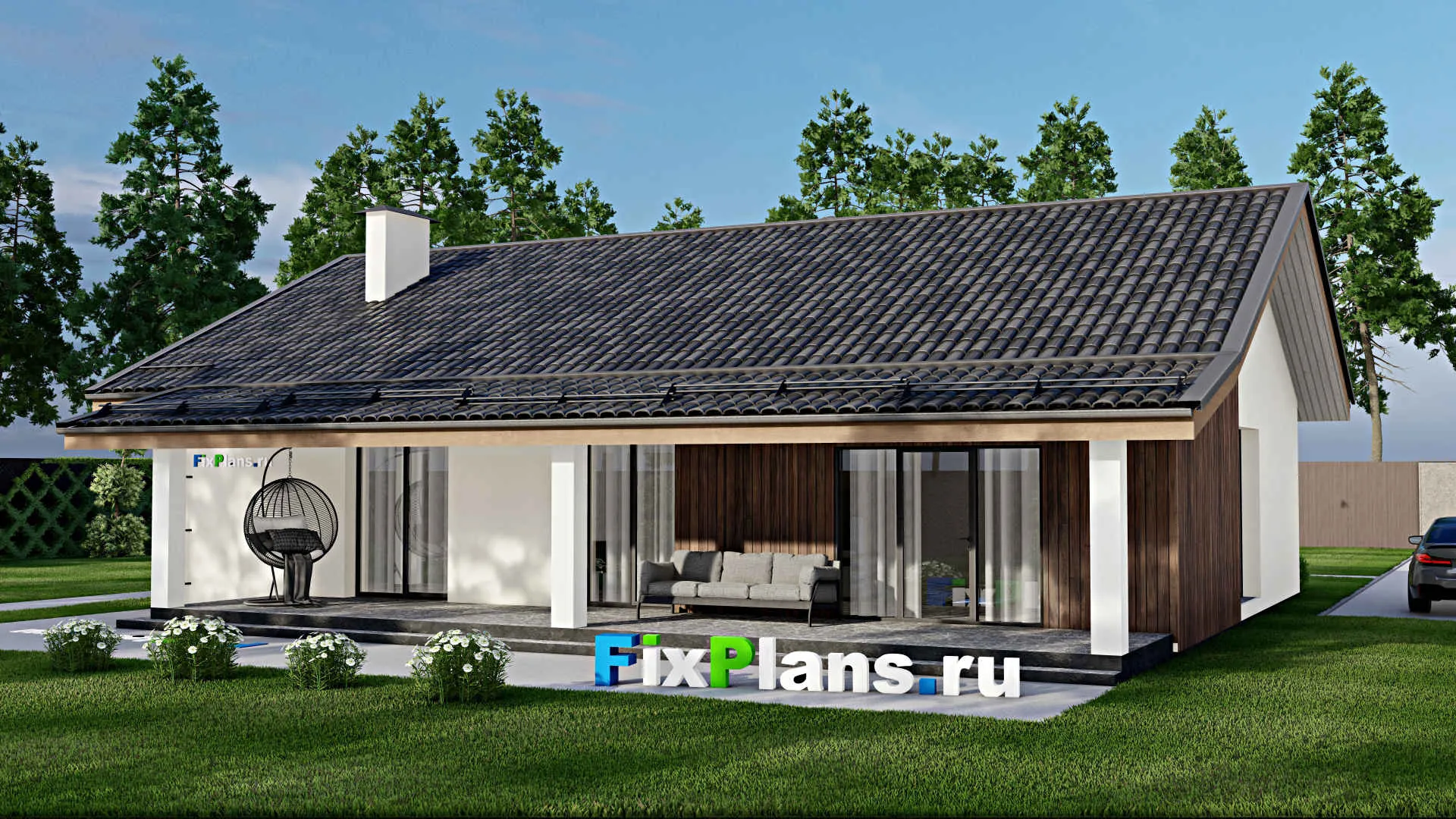 F-5957 - План одноэтажного дома 11 на 16, площадью 160 м² с террасой и 3 спальнями