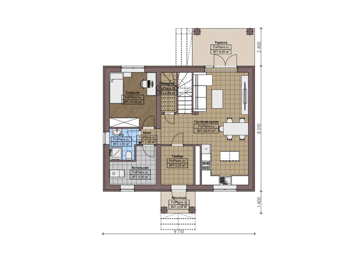 F-3446 - Планы дома с мансардой 9 на 10, площадью 130 м² с террасой и 3 спальнями