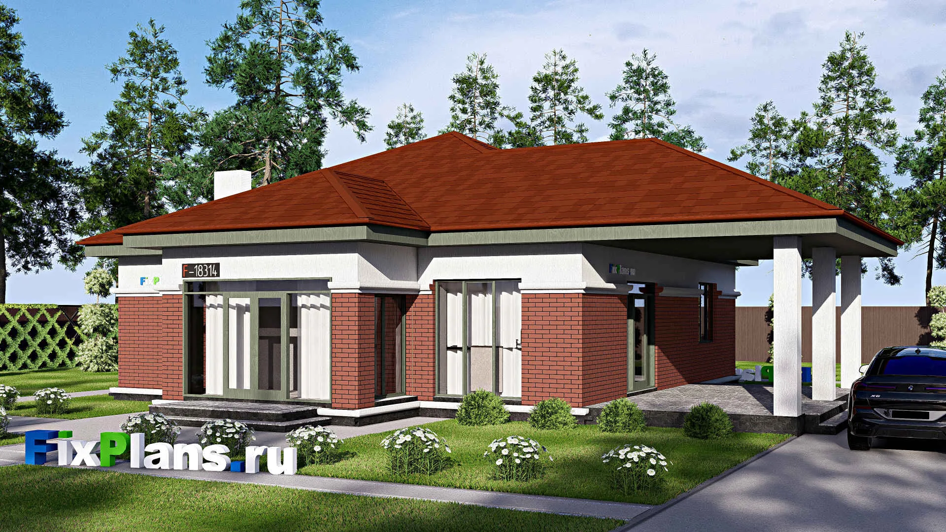 F-18314 - Проект одноэтажного дома 16 на 17, площадью 160 м² с террасой и 2 спальнями